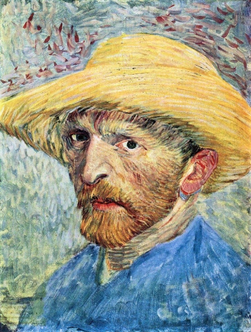 Autorretrato con sombrero de paja y camisa azul.