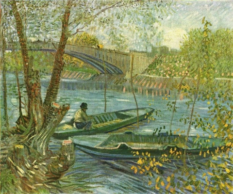 Pescador e barco na ponte de Clichy