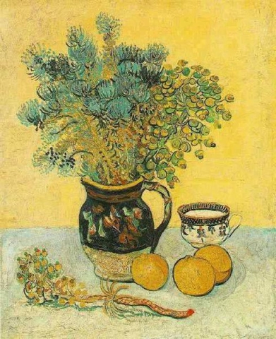 Stilleben - Majolica med markblomster 1888