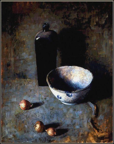 Wyeth, stilleben med skålløk og blå vase 1920-tallet