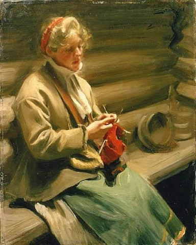 Dalecarlian tyttö neuloa kaalia Margit 1901