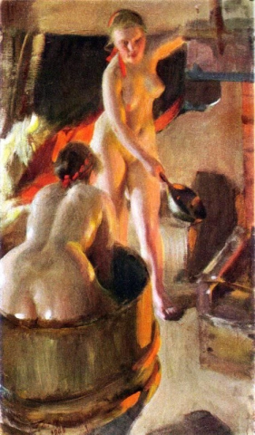 Chicas de dalarna tomando un baño