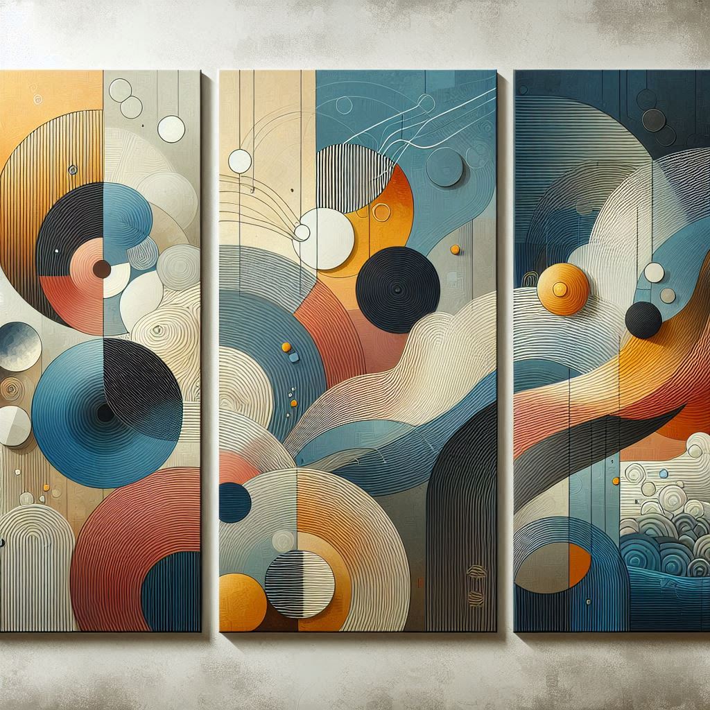 A three-panel abstract painting featuring geometric shapes, swirling lines, and vibrant colors in shades of blue, orange, and beige.