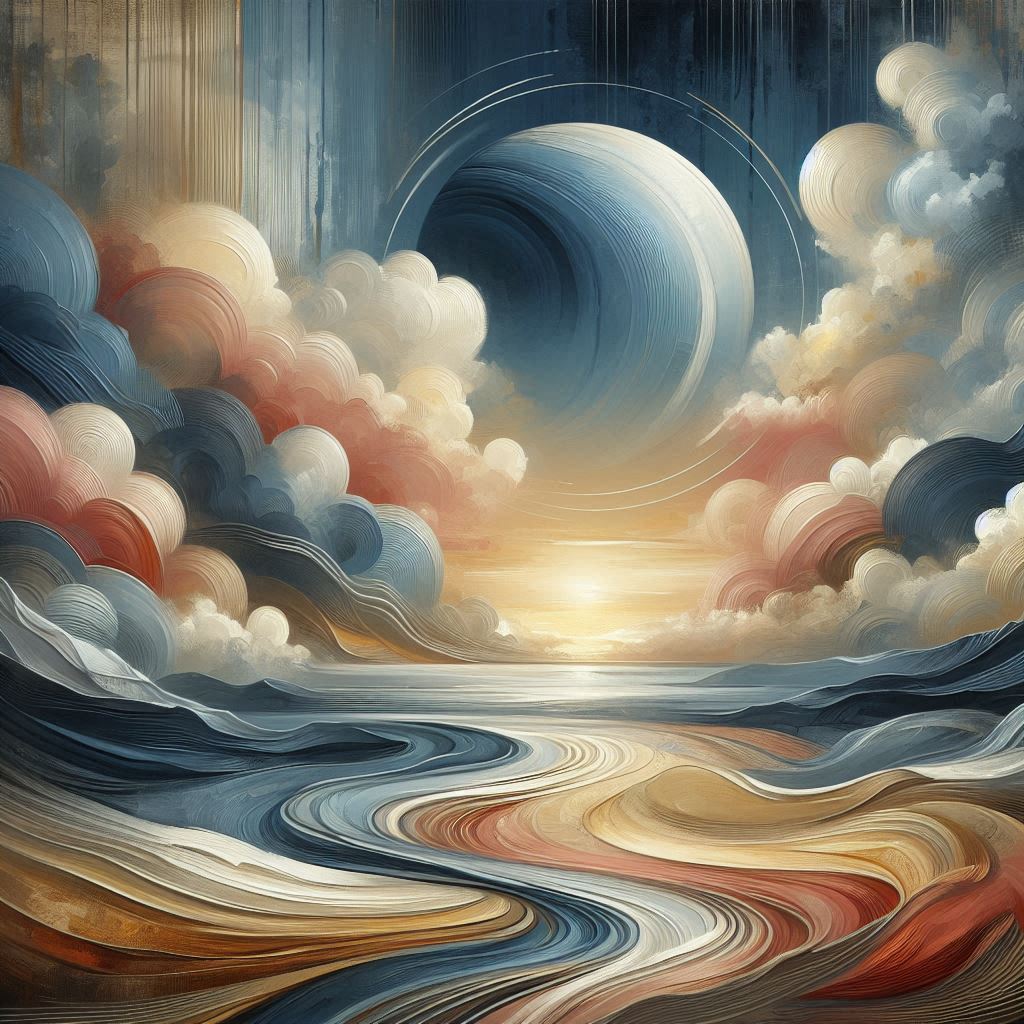 A dreamlike seascape with a crescent moon, soft clouds, and a winding river painted in vibrant colors.