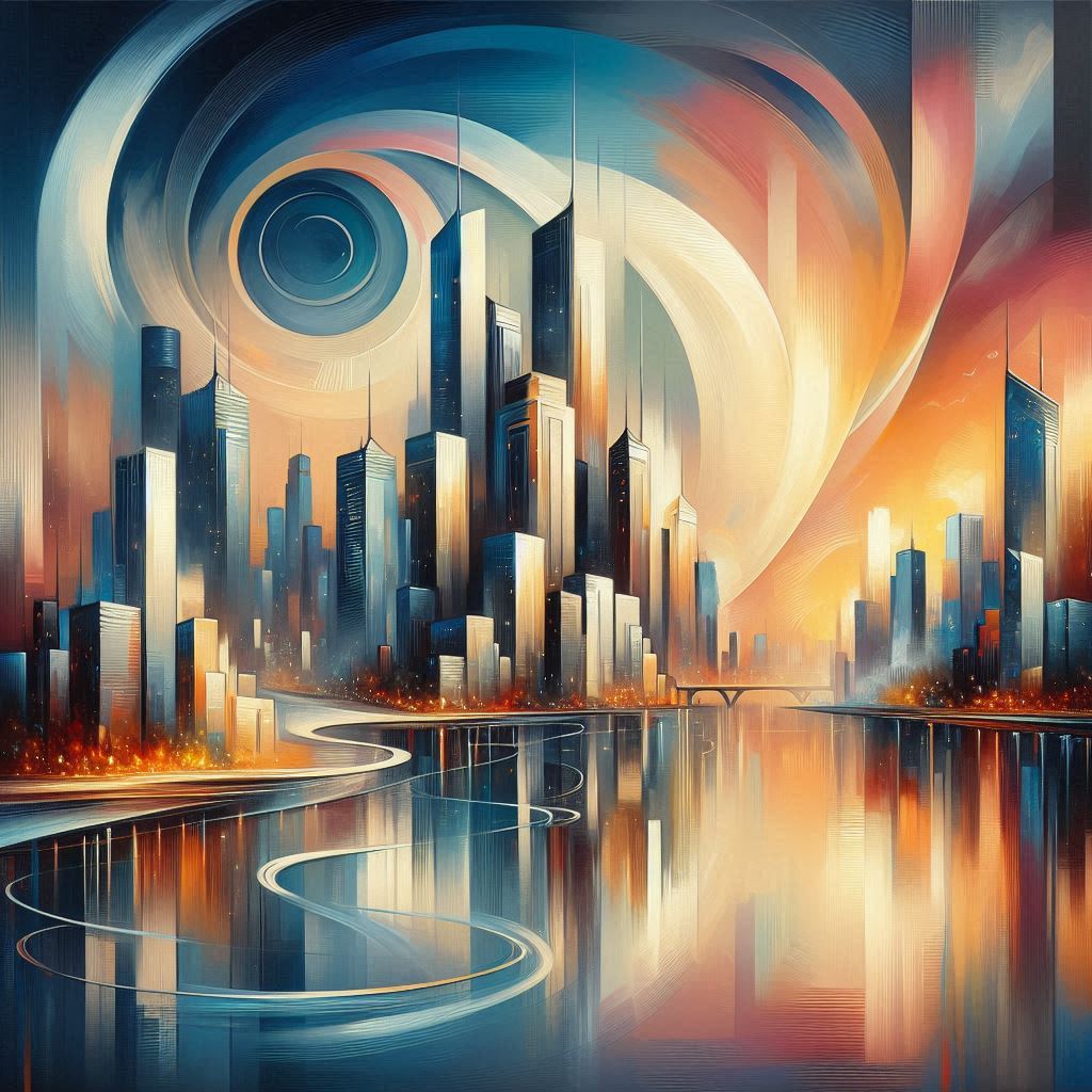 A futuristic cityscape painting with towering skyscrapers, a swirling sky, and a reflective river.