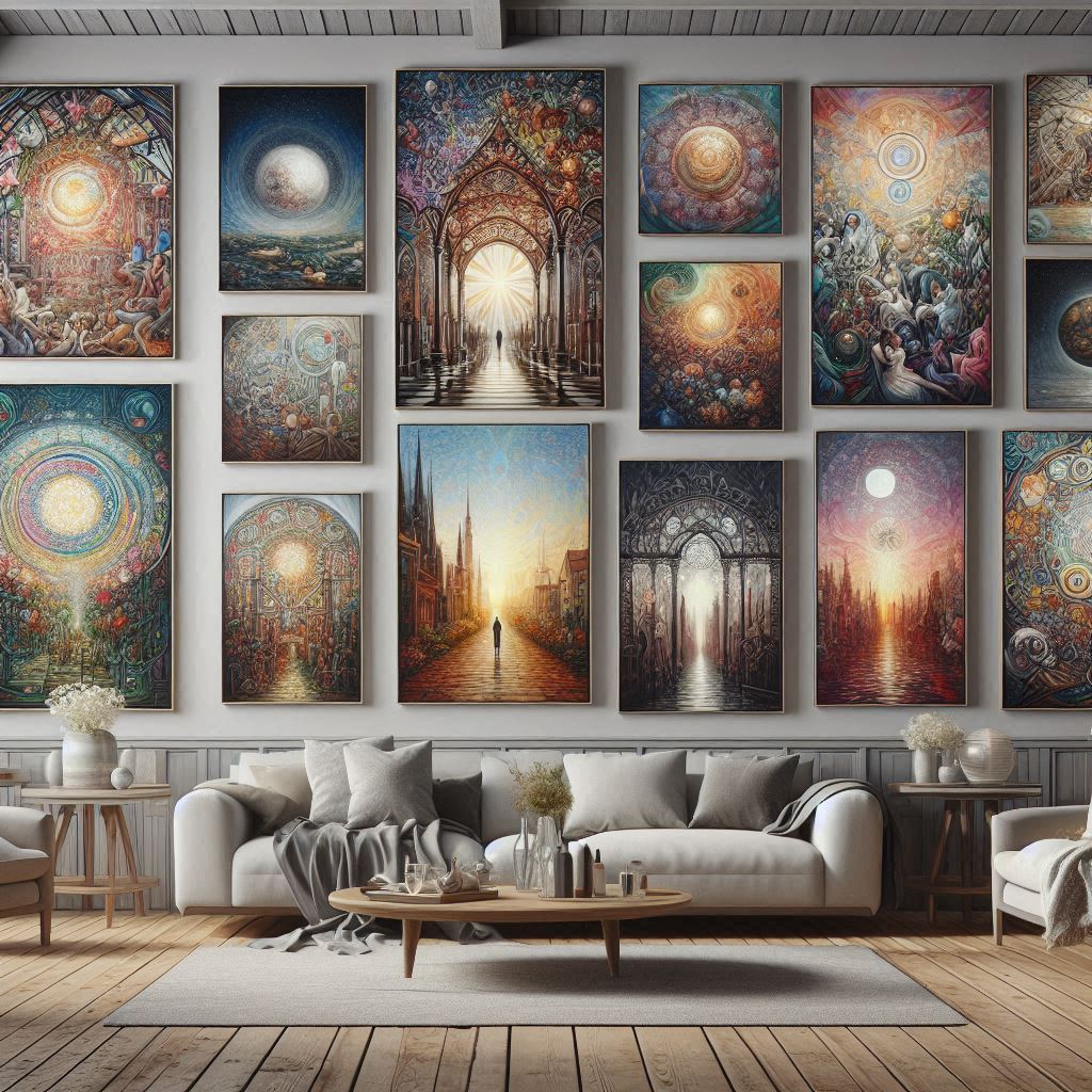 A modern living room featuring a gallery wall of colorful abstract paintings with cosmic and celestial themes.